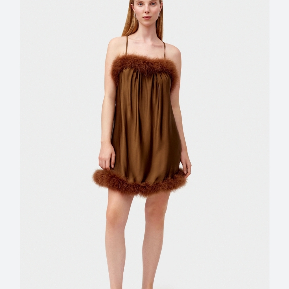 Sleeper Kiss Dress Brown Minidress Feathered Squared Neckline Adjustable Size XS